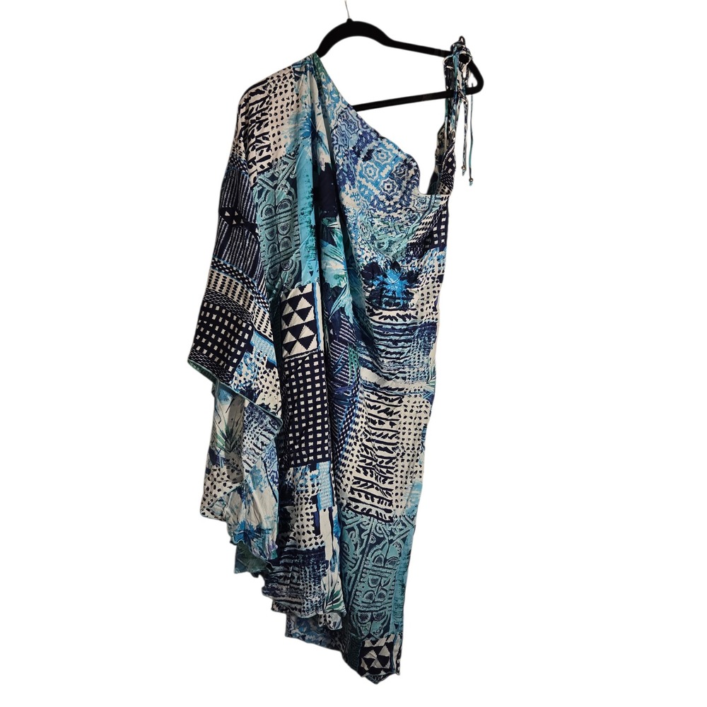 RR Hawaii Resort Blue Patchwork One Shoulder Rayon Cover Up Dress OS 18338-A